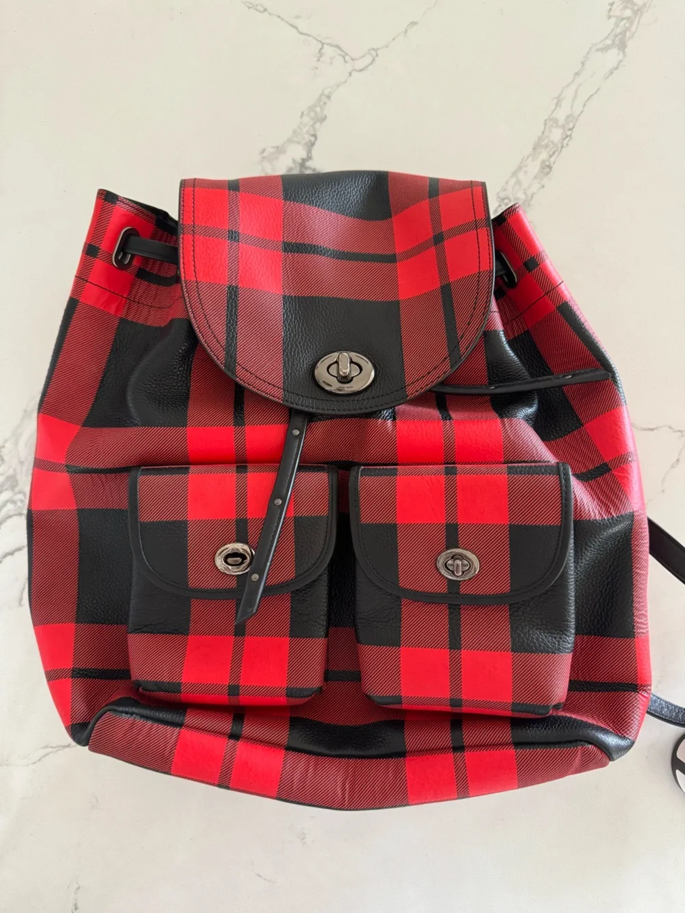 Red and Black Plaid Leather Backpack